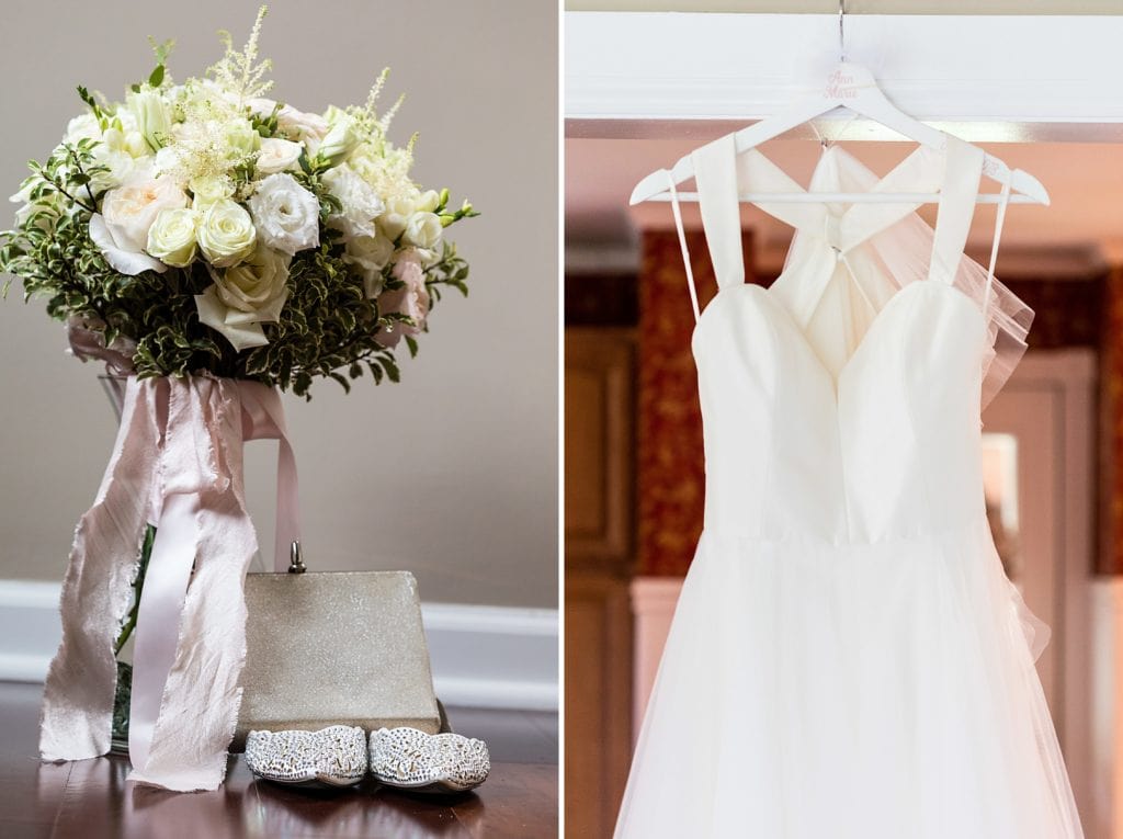 Rose bouquet with pale pink silk ribbons | Hanging wedding dress