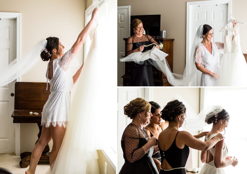 bride gets ready with her mother & sisters
