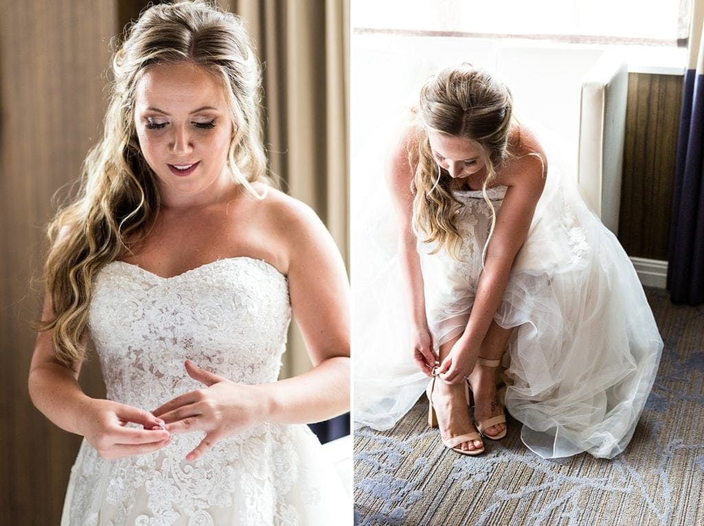 bride putting on shoes, blush shoes, lace wedding dress, engagement ring
