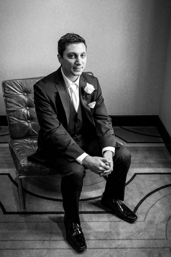 groom portrait, black and white, wedding day portrait,