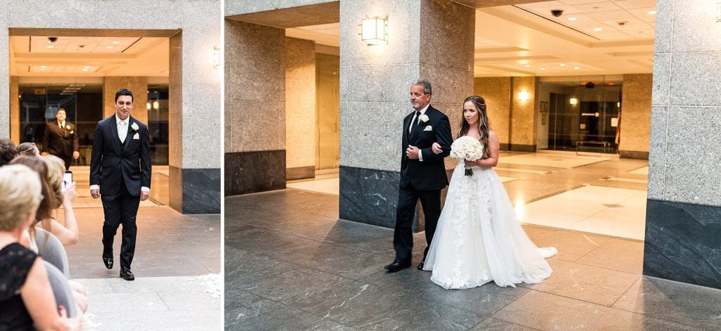 groom walking down aisle, bride walking down aisle, father of the bride