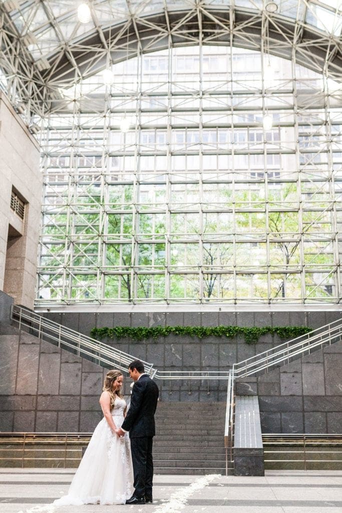 wedding portrait, wide shot, BNY Mellon Center Atrium, sweet wedding portrait