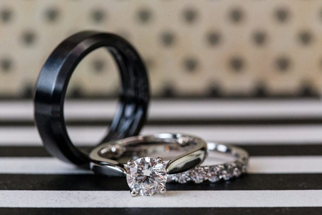 wedding details, wedding rings, black wedding band, diamond ring