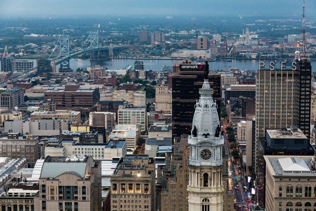 Philadelphia skyline, City Hall, William Penn Statue, PSFS