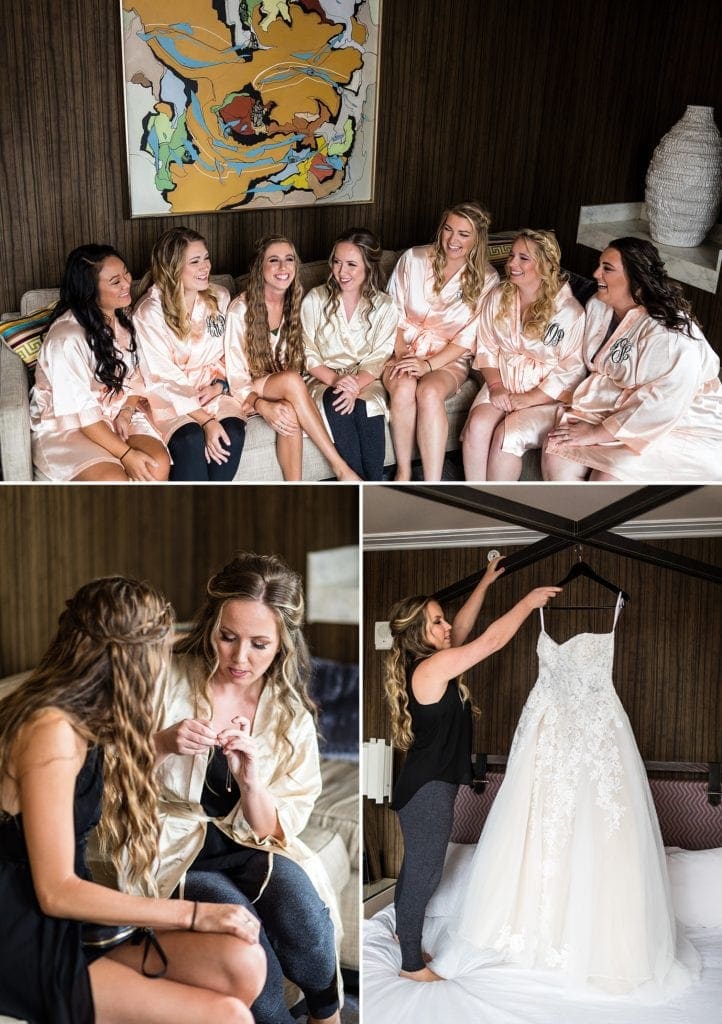 bride and bridesmaids, matching robes, bride getting her dress down
