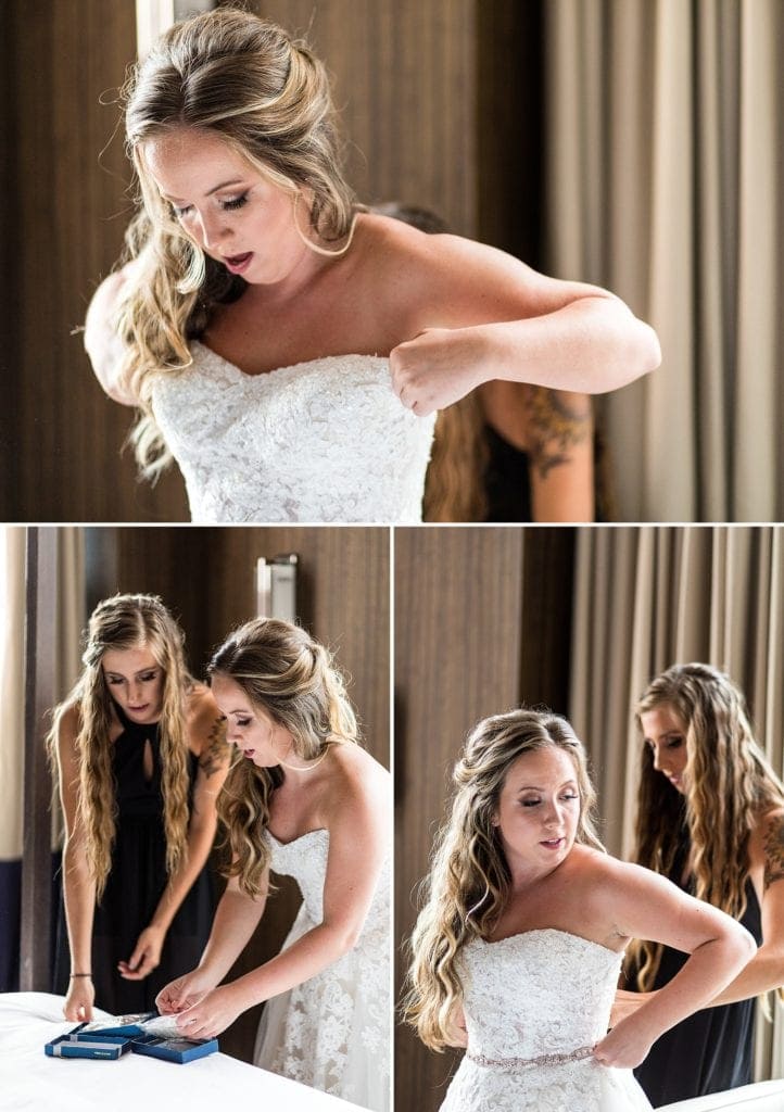 bride getting ready, wedding dress, maid of honor