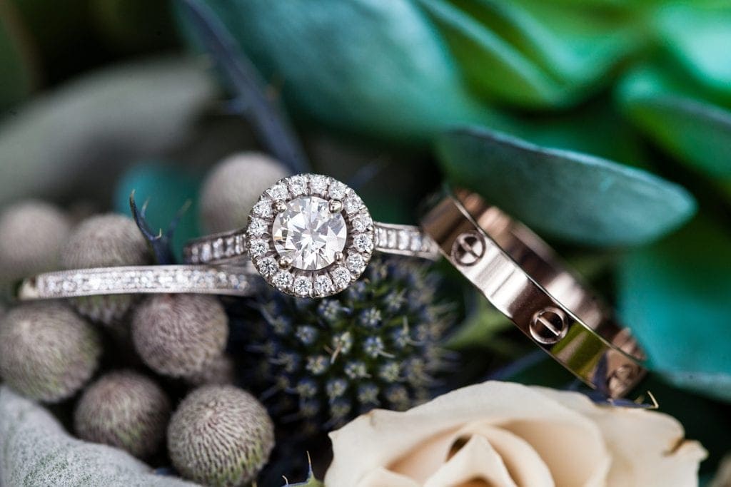 wedding rings, engagement ring, bouquet details