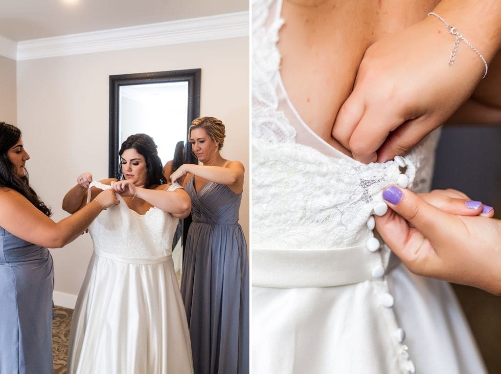 bride getting dressed, wedding dress, button up dress