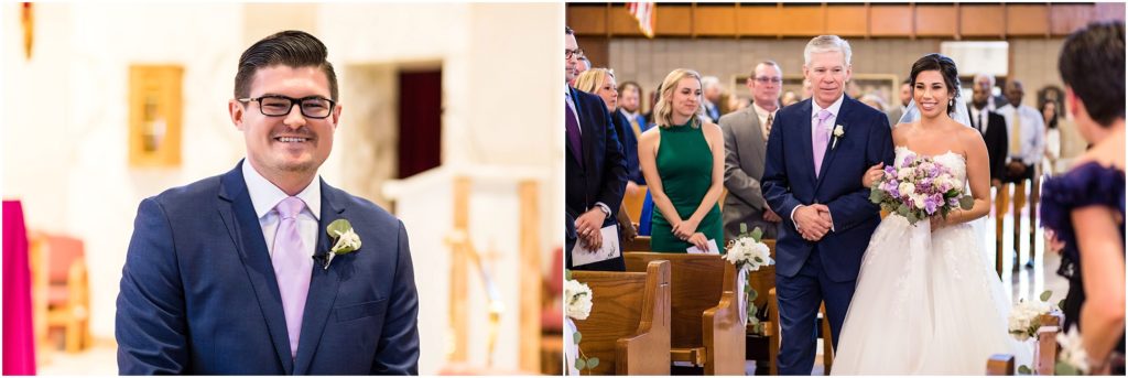 Groom watching his bride walking down the Aisle at St Pius X Broomhall | Ashley Gerrity Photography www.ashleygerrityphotography.com