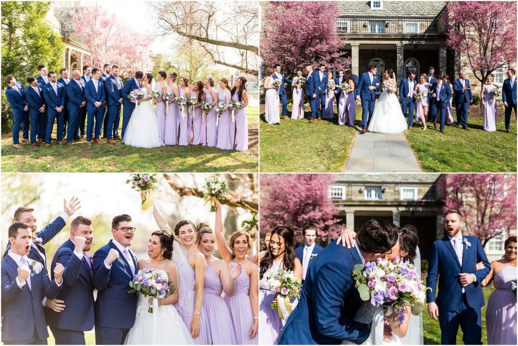 Bride and Groom celebrating with bridal party surrounded by spring cherry blossoms | Ashley Gerrity Photography www.ashleygerrityphotography.com