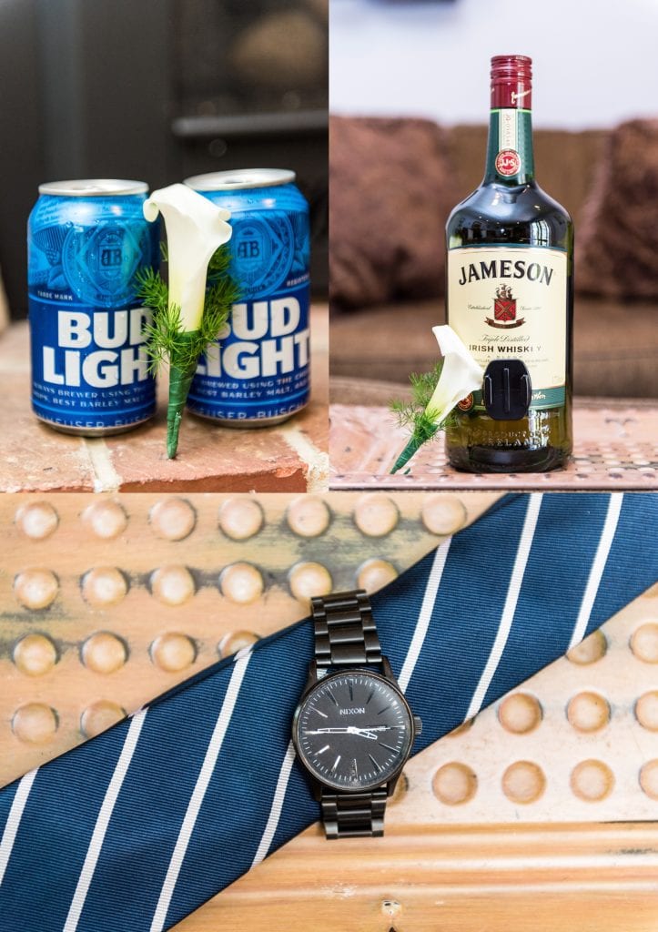 Grooms details with Bud Light and a bottle of Jameson | Ashley Gerrity Photography www.ashleygerrityphotography.com