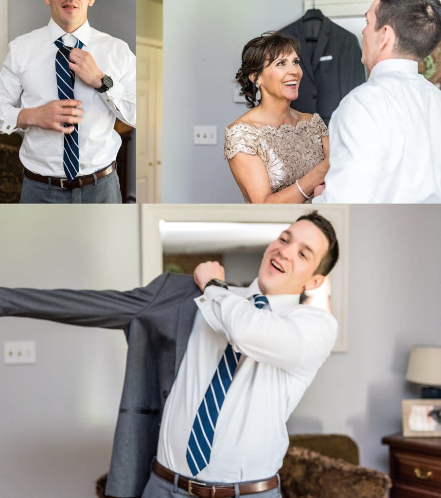 Groom putting on his suit from The Black Tux | Ashley Gerrity Photography www.ashleygerrityphotography.com