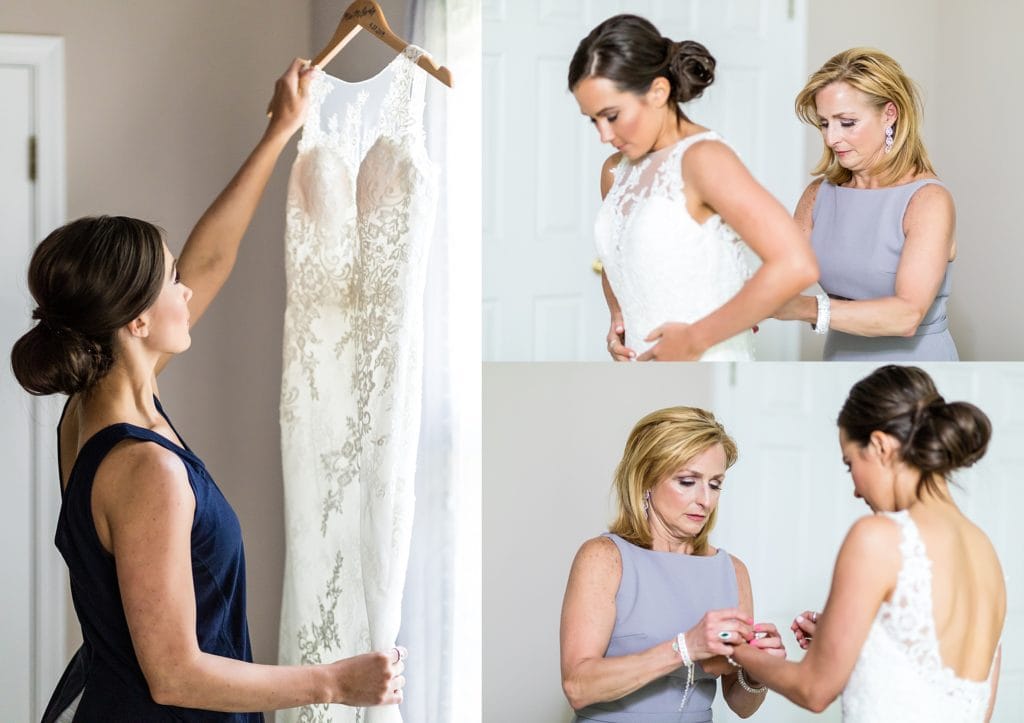 Bride being helped into her Pronovias dress from Jennifer's bridal by the mother of the bride Bride popping some champagne with her bridesmaids | Ashley Gerrity Photography www.ashleygerrityphotography.com