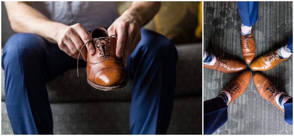 Groom Putting on his Allen Edmond shoes | Ashley Gerrity Photography www.ashleygerrityphotography.com