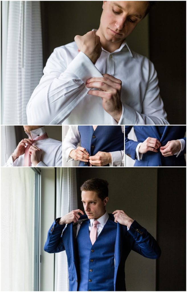 Groom putting on his Suit Supply suit before Union League Golf Club Wedding | Ashley Gerrity Photography www.ashleygerrityphotography.com