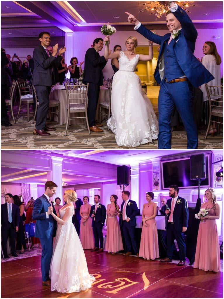 Bride and groom make an entrance Mark Bryan Floral Designs at Union League Golf Club Wedding | Ashley Gerrity Photography www.ashleygerrityphotography.com