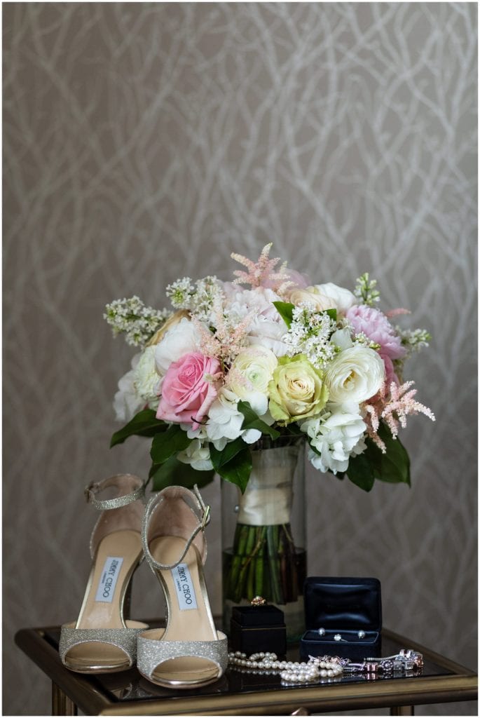 Jimmy Choo bridal shoes and bouquet by Mark Bryant Floral Designs | Ashley Gerrity Photography www.ashleygerrityphotography.com