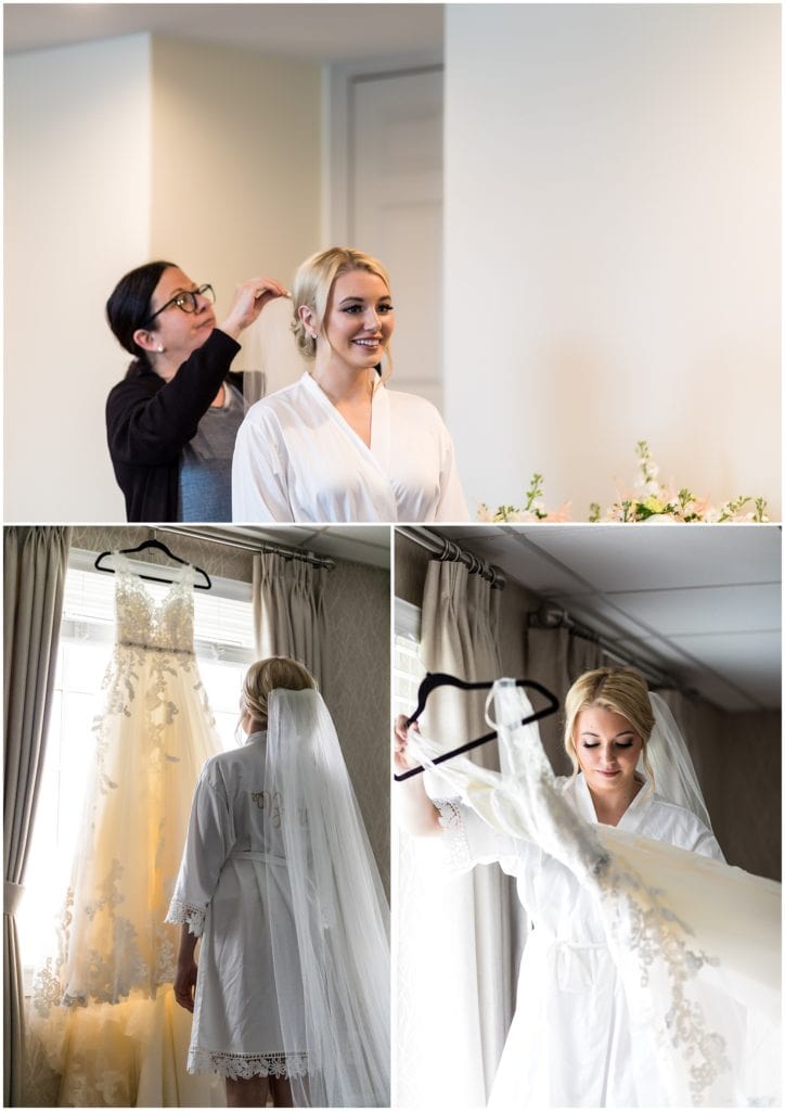 Bride getting ready to put on her Maggie Sottero dress at Union League Golf Club Wedding | Ashley Gerrity Photography www.ashleygerrityphotography.com