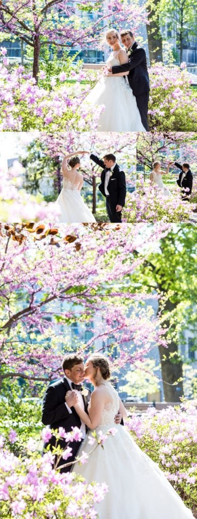 Bride and Groom amidst Spring blossoms at Villanova Wedding | www.ashleygerrityphotography.com