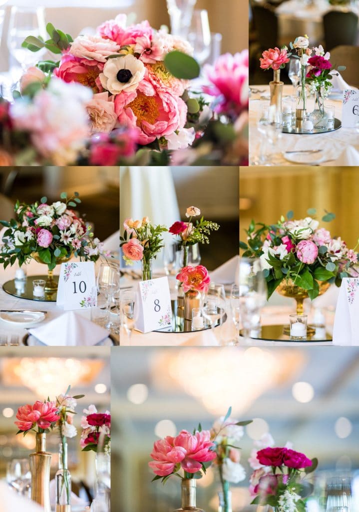 Wedding reception details with florals from Leigh Florist at Radnor Hotel Wedding | www.ashleygerrityphotography.com