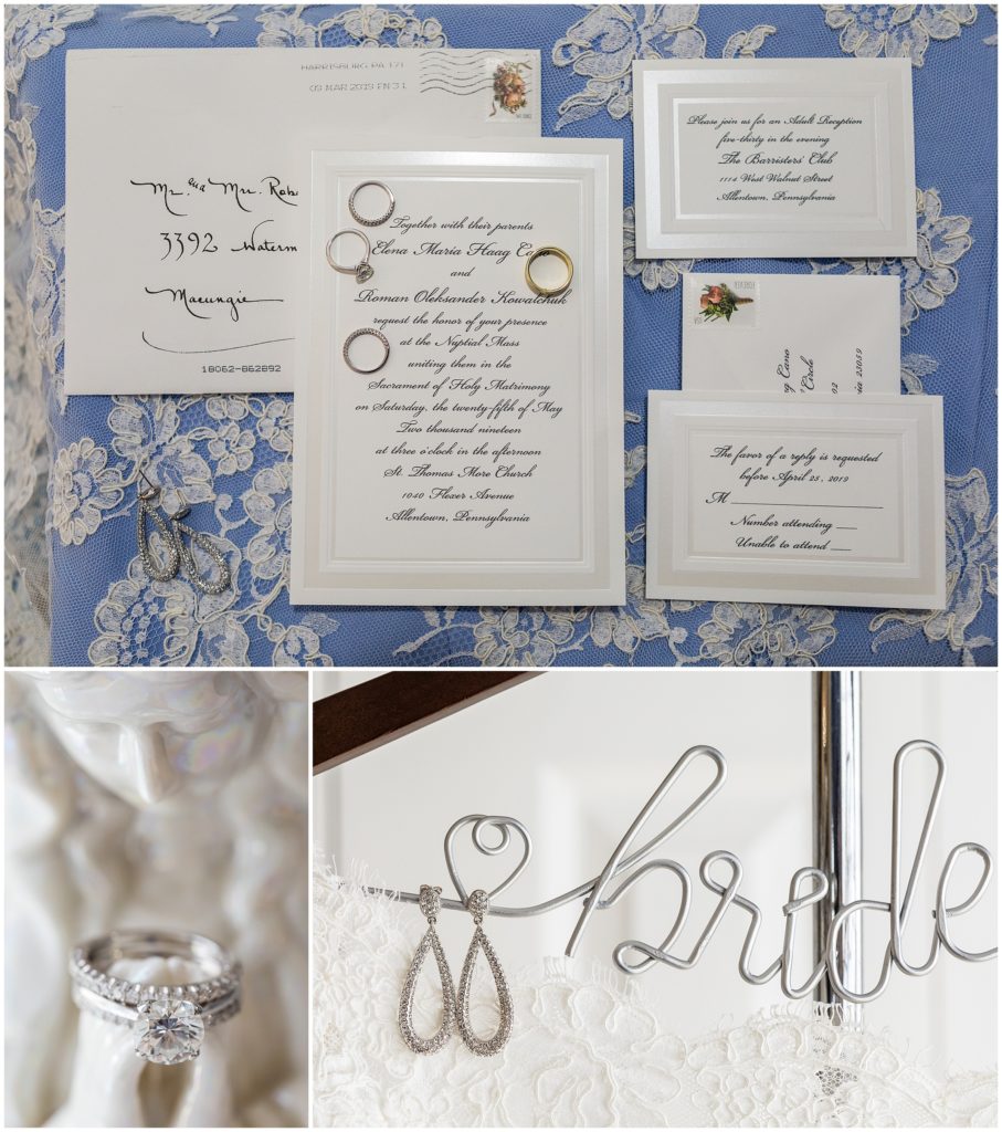 Details of brides wedding dress hanger, wedding invitation suite with hand-lettered envelopes, details of engagement ring
