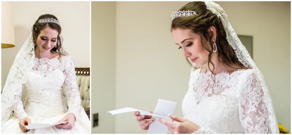 bride in her wedding dress reading a letter from her fiance