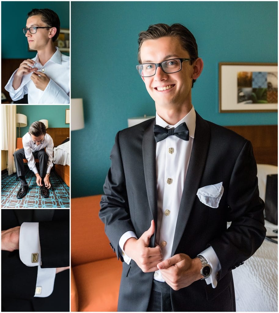 collage of groom getting dressed for his wedding