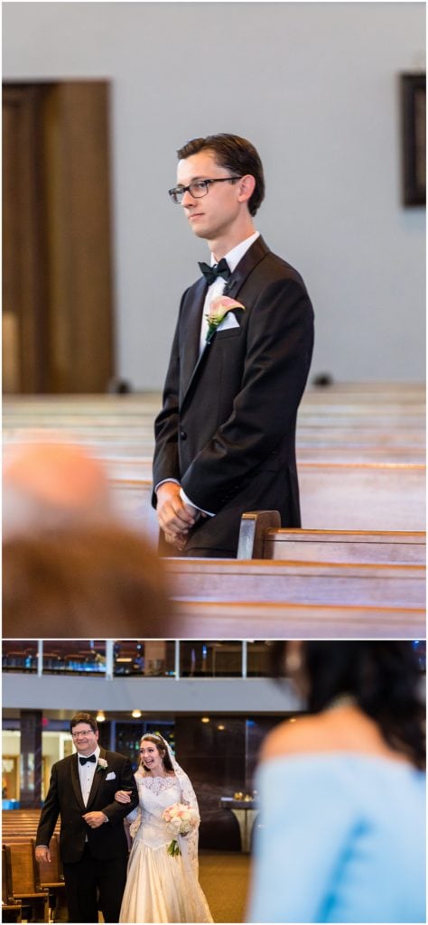 groom waiting at the end of the aisle as his bride walks in with her dad