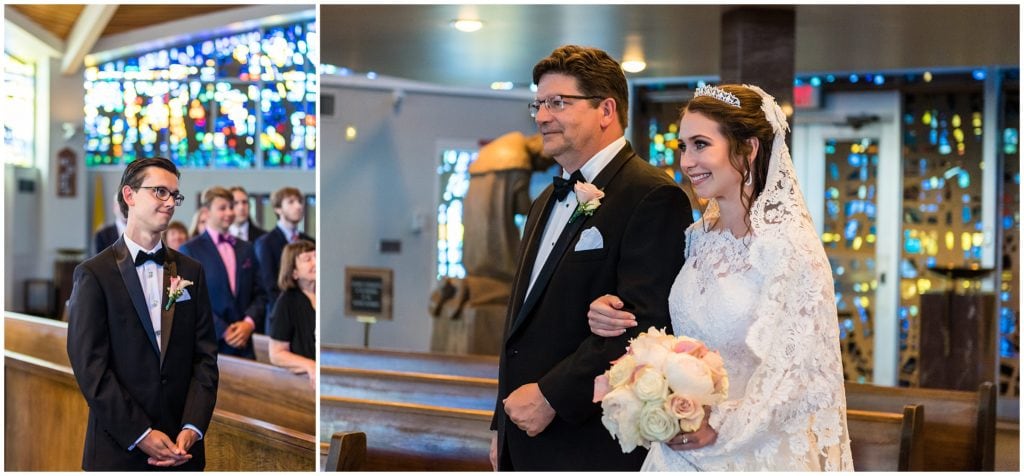 groom seeing his bride, bride smiling with her father as they walk down the aisle