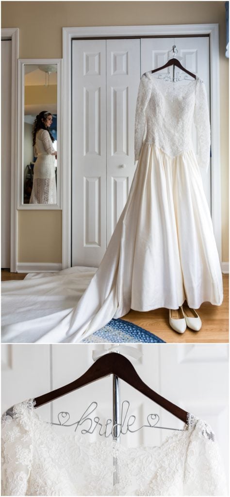 Bride's wedding dress and shoes hanging in her bedroom