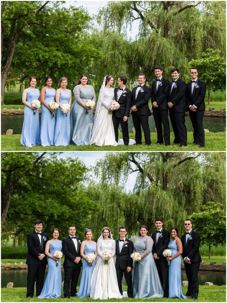 bridal party formals at rose garden, bridesmaids wearing light blue dresses