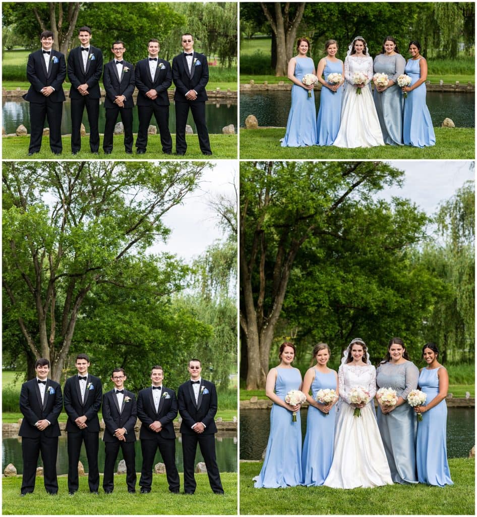bride and bridesmaids portraits, bridesmaids wearing light blue dresses, groom and groomsmen portraits in black tuxedos