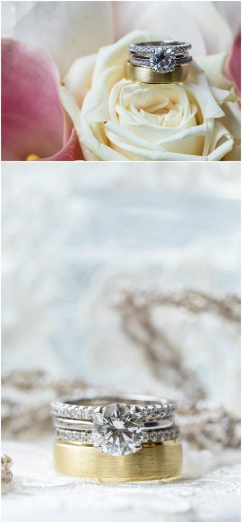 Detail of wedding rings on flowers