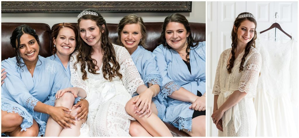 bride on the couch with her bridesmaids in matching robes, portrait of bride in her dressing robe in front of wedding dress