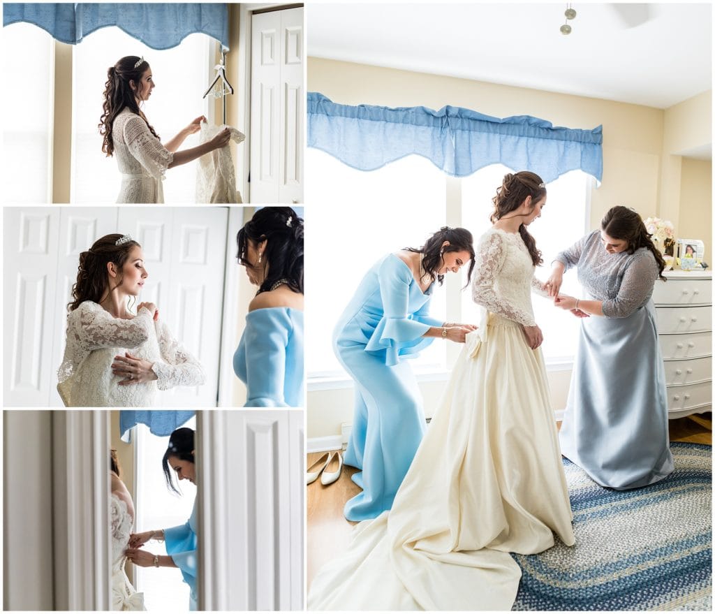 Collage of bride putting on her wedding dress