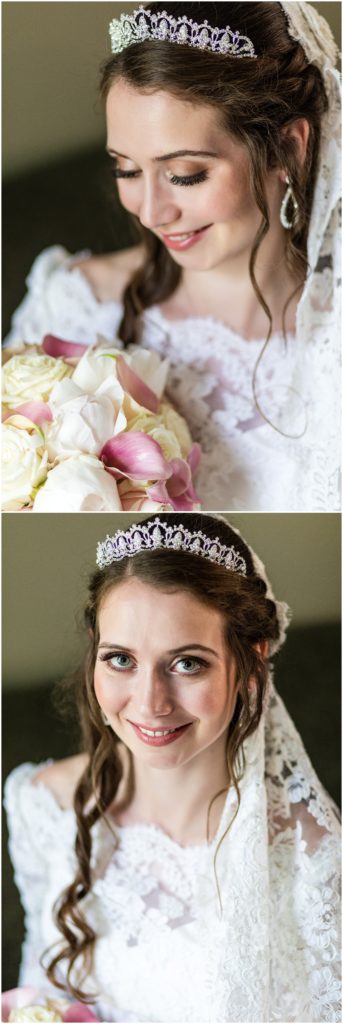 Window lit classic bridal portrait with bouquet