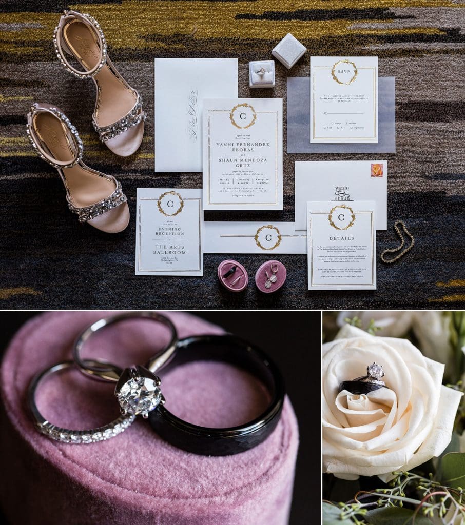 Stunning wedding invitation suite by Minted, styled with Badgley Mischka shoes and rings from Zale's Jewelers | Ashley Gerrity Photography www.ashleygerrityphotography.com