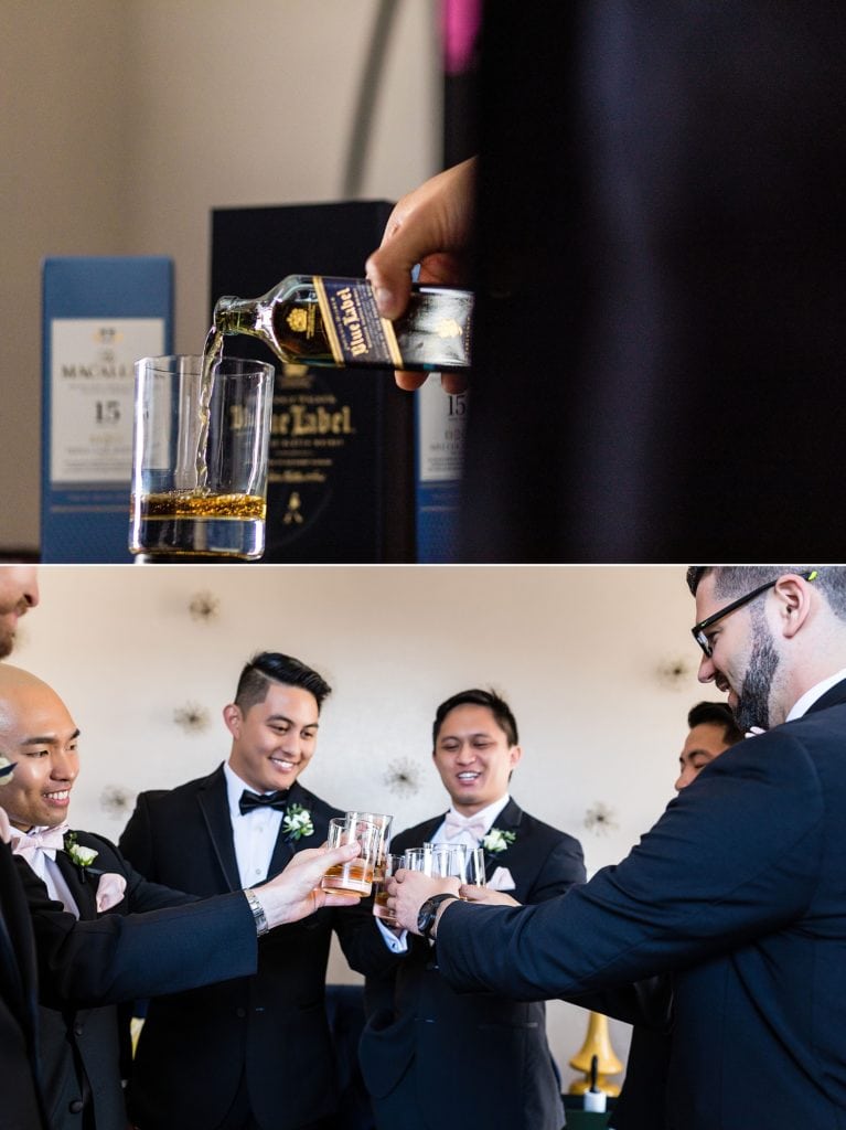 Groom and Groomsmen toasting to the day with Jonny Walker Blue Label | Ashley Gerrity Photography www.ashleygerrityphotography.com