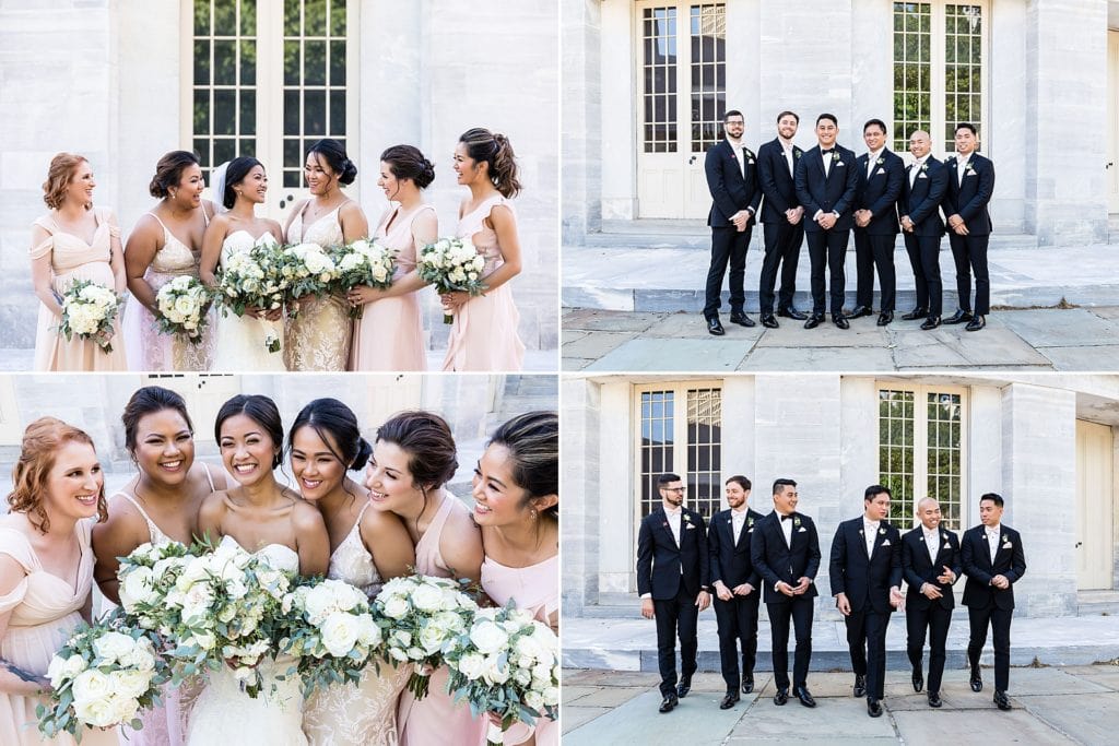 Bride with Bridesmaids and Groom with Groomsmen having fun outside the Merchant Exchange Building | Ashley Gerrity Photography www.ashleygerrityphotography.com