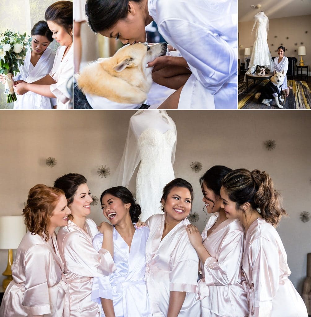 Bride getting ready at Bellevue Philadelphia Hotel with her bridesmaids and dog | Ashley Gerrity Photography www.ashleygerrityphotography.com