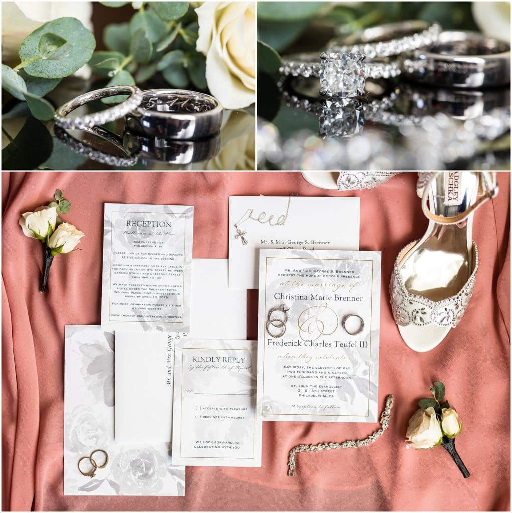 Details of invitation suite and engraved wedding rings