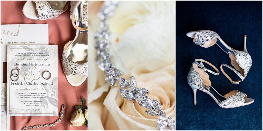 Details of invitation suite, wedding rings, diamond tennis bracelet and badgley mischka heels