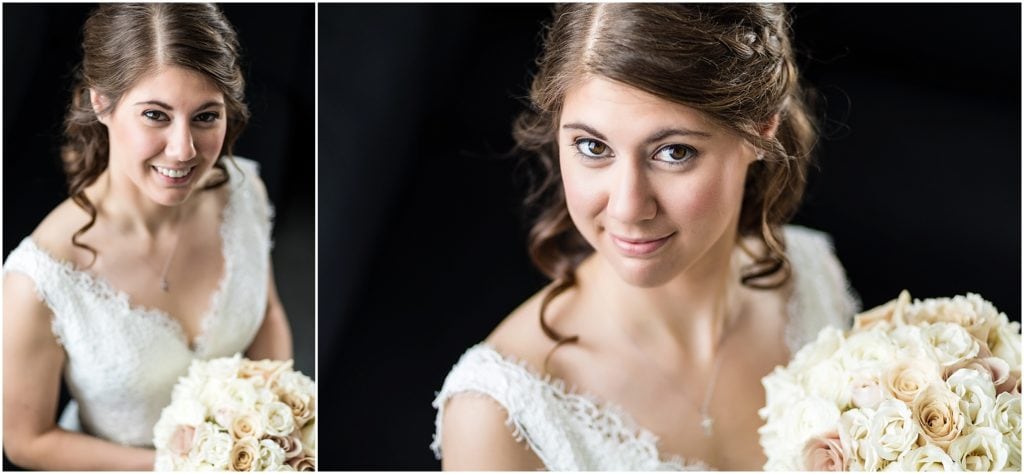 Traditional window lit bridal portrait featuring her cream and blush rose bouquet from Carl Alan Floral Design