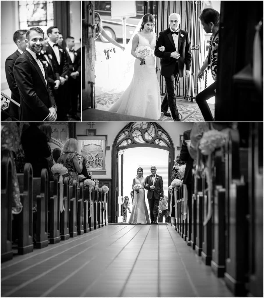 Black and white series of groom waiting for his bride at the altar and bride walking down the aisle with her father