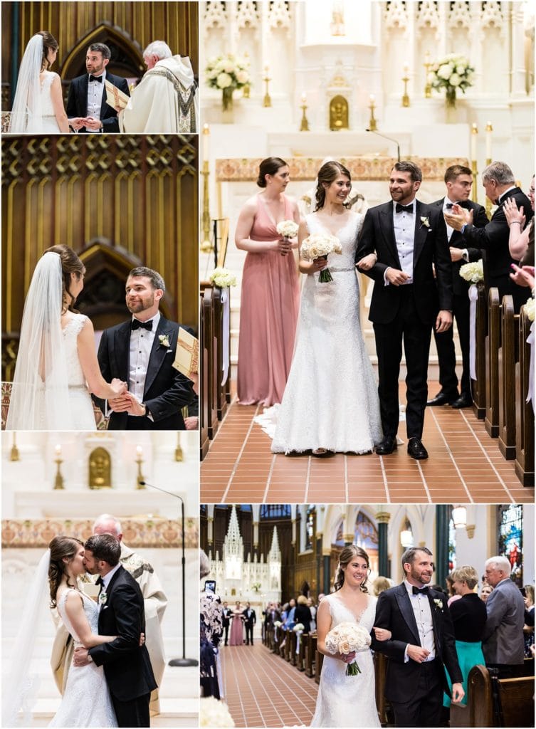 Collage of bride and groom during their wedding ceremony, exchanging vows, first married kiss, walking back down the aisle together