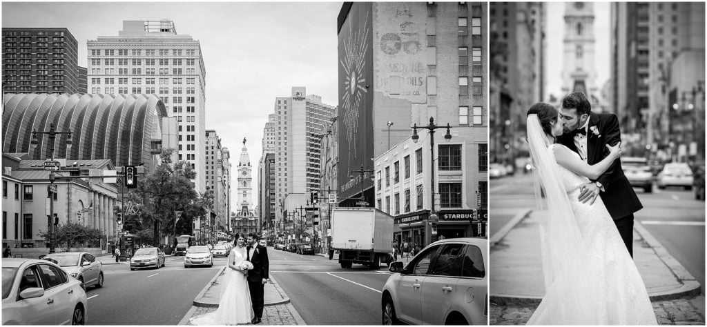 Black and white portraits of Bride and groom in front of City Hall on Broad Street in Philadelphia