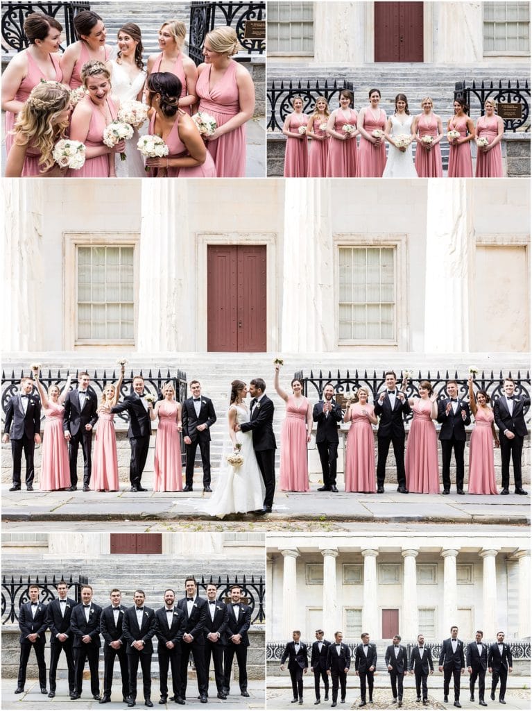Bride and bridesmaids in blush pink dresses portraits, groom and groomsmen portraits, full wedding party portrait in front of Second National Bank