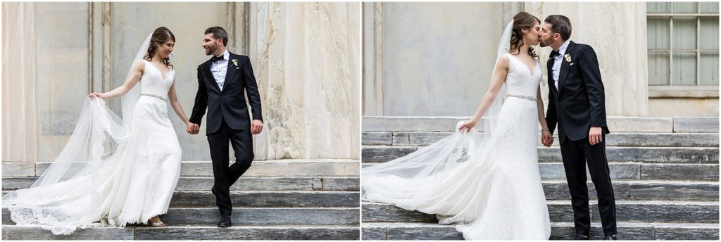 Portrait of bride and groom walking on the marble stairs of the Second National Bank