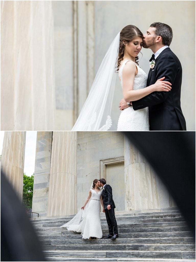 Portrait of bride and groom walking on the marble stairs of the Second National Bank