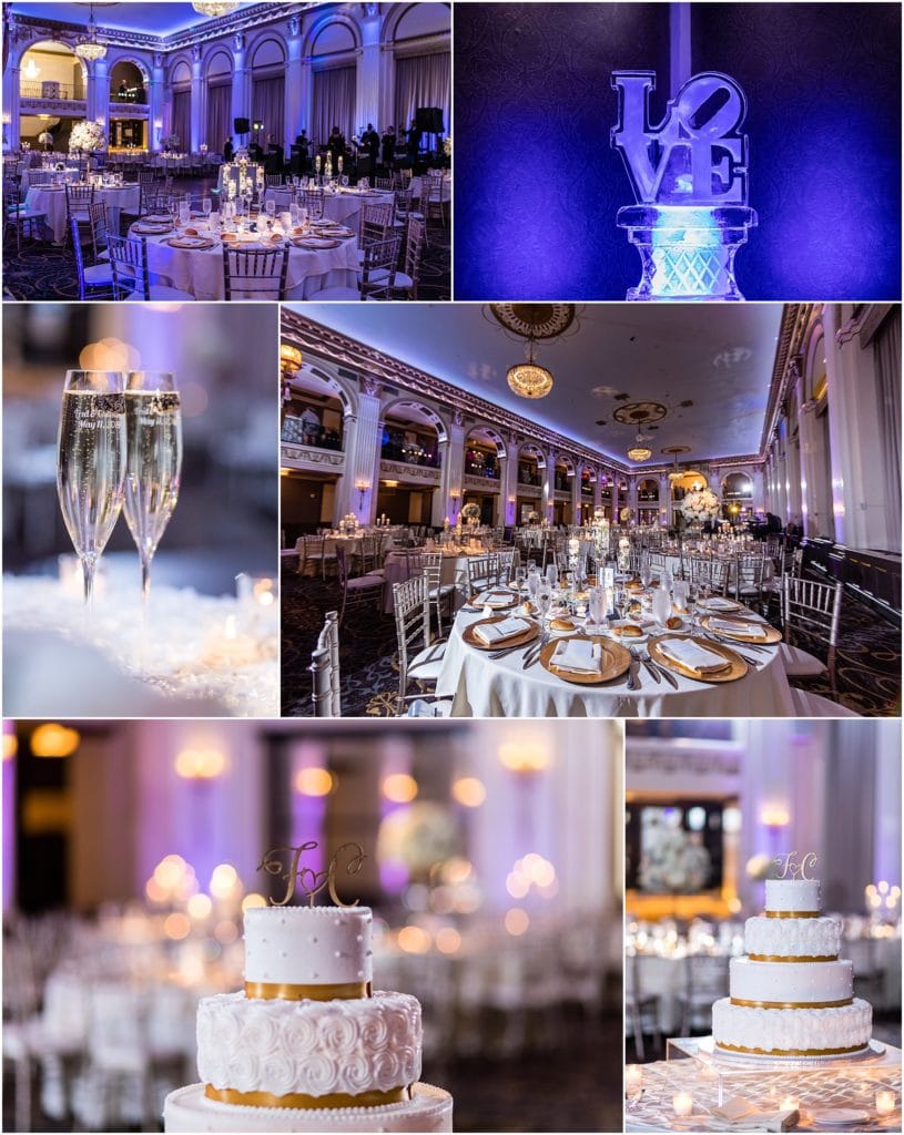 Wedding reception details at the Ben Franklin Ballroom, including a white and gold wedding cake and personalized champagne flutes